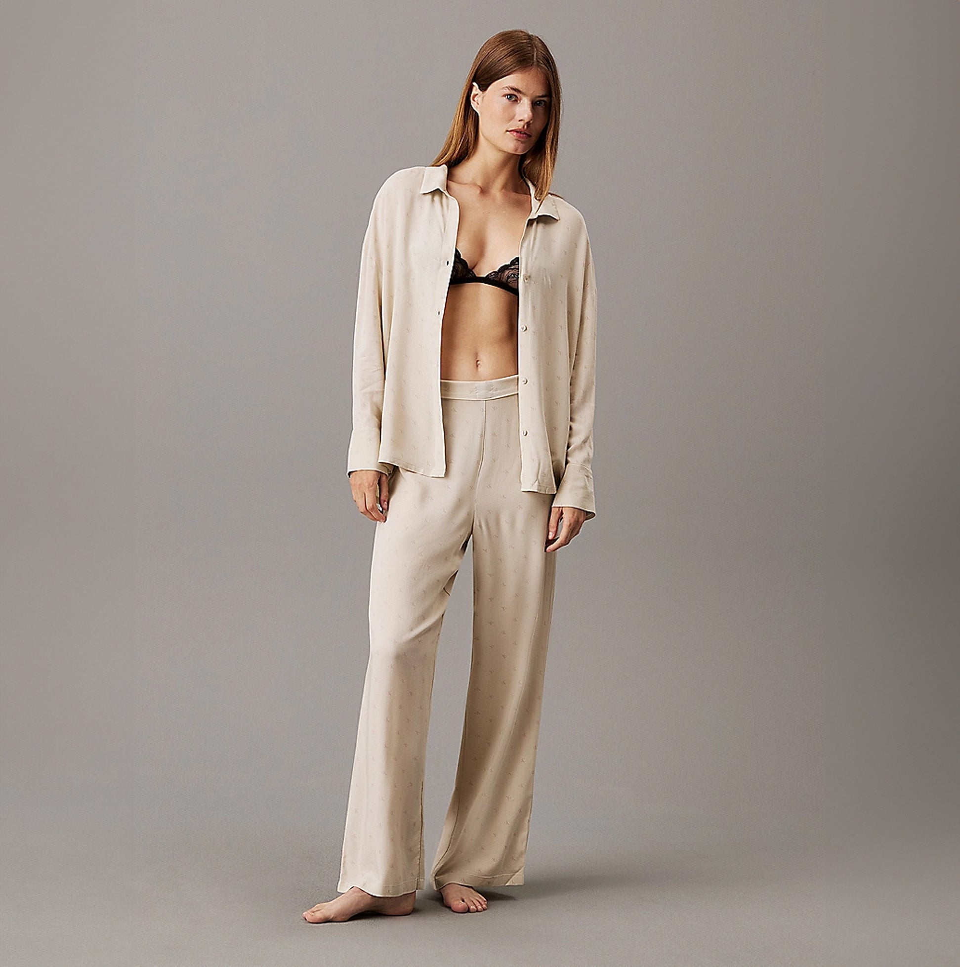 Calvin Klein WOVEN VISCOSE Womens Button Down Pants Set Diamond Logo/Cocoon, front view featuring a relaxed fit in beige.