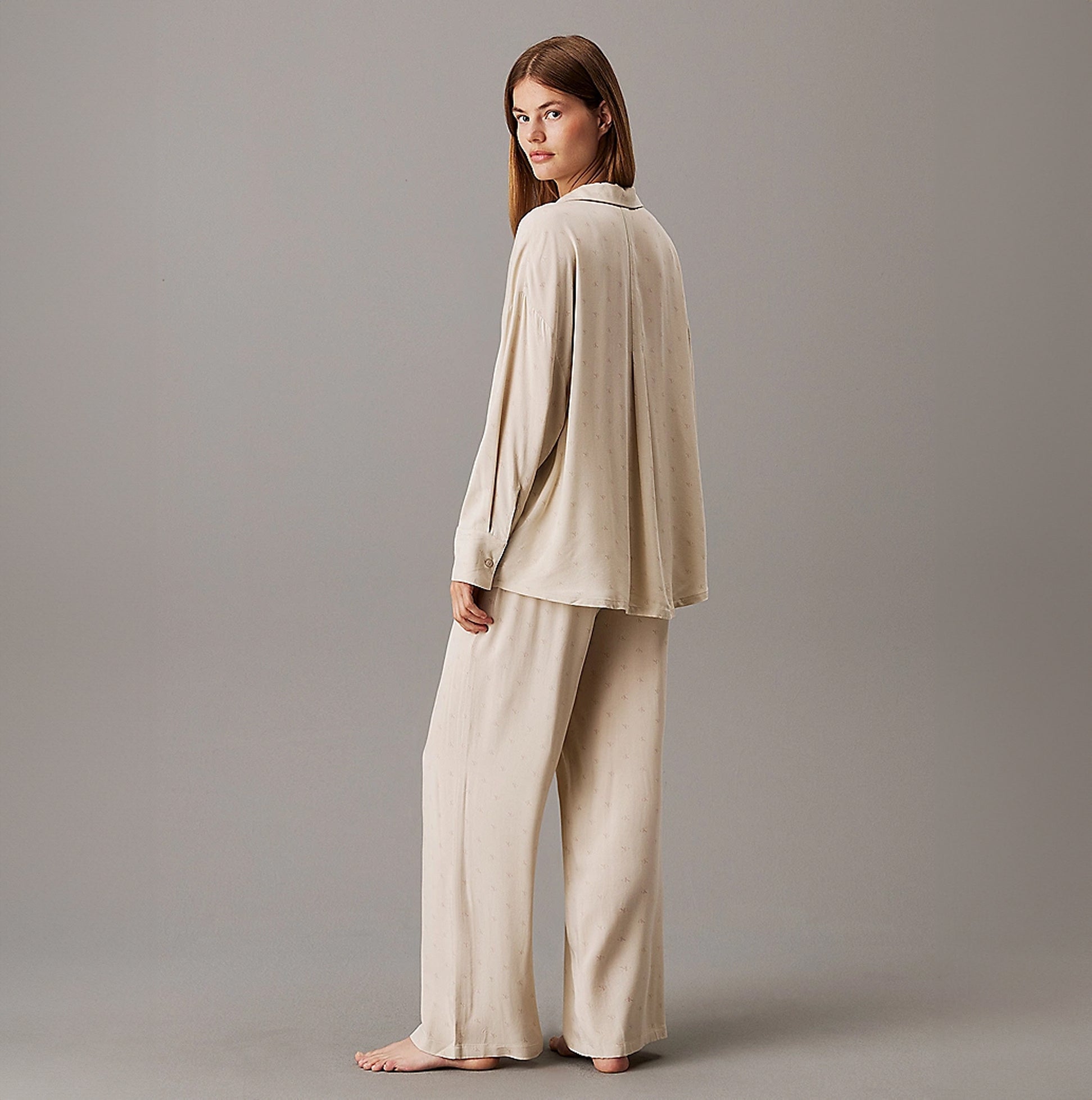 Calvin Klein WOVEN VISCOSE Womens Button Down Pants Set Diamond Logo/Cocoon back view in light beige color.