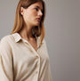 Calvin Klein WOVEN VISCOSE Womens Button Down Pants Set Diamond Logo/Cocoon side view featuring soft beige fabric and relaxed fit.