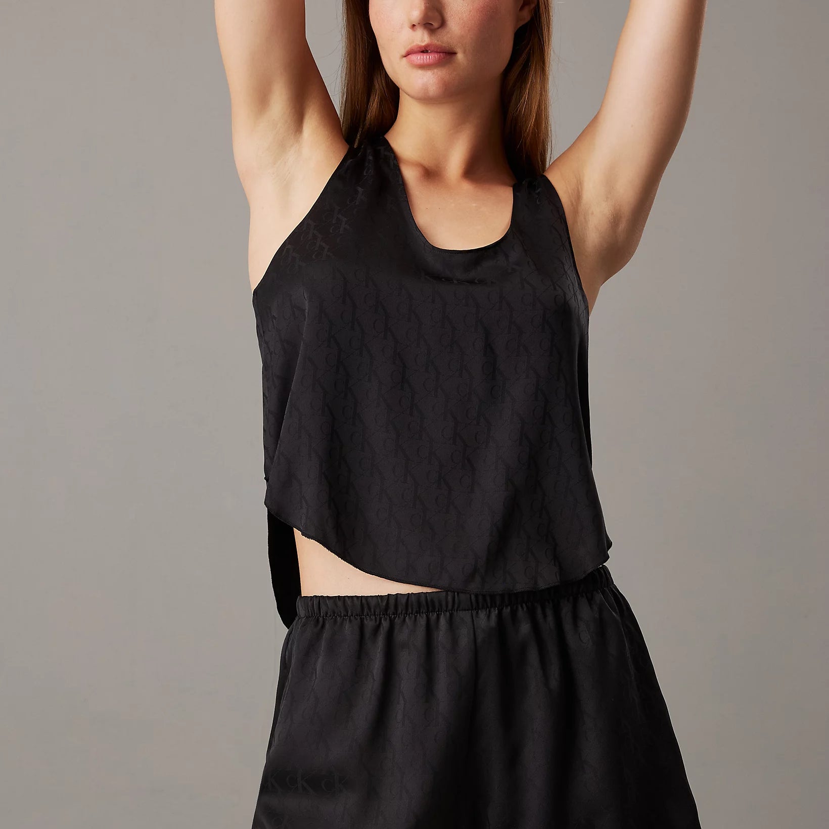 Calvin Klein SATIN JACQUARD Womens Shorts Pyjama Set Black front view showcasing a sleeveless top and matching shorts in black.