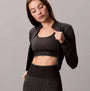 Calvin Klein Medium Impact Womens Sports Bra Black front view with matching zip jacket, showcasing the stylish design and fit.