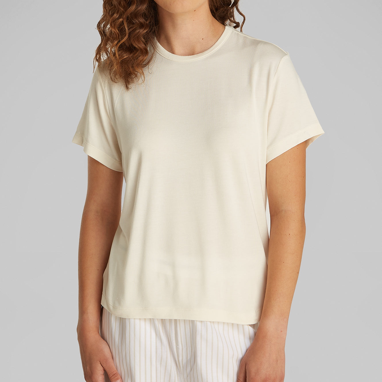 Calvin Klein ULTRA SOFT MODAL Womens Lounge T-Shirt Ivory front view, relaxed fit, short sleeves, crew neckline.