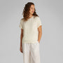 Calvin Klein ULTRA SOFT MODAL Womens Lounge T-Shirt Ivory front view, short sleeves, relaxed fit, worn with striped pants.