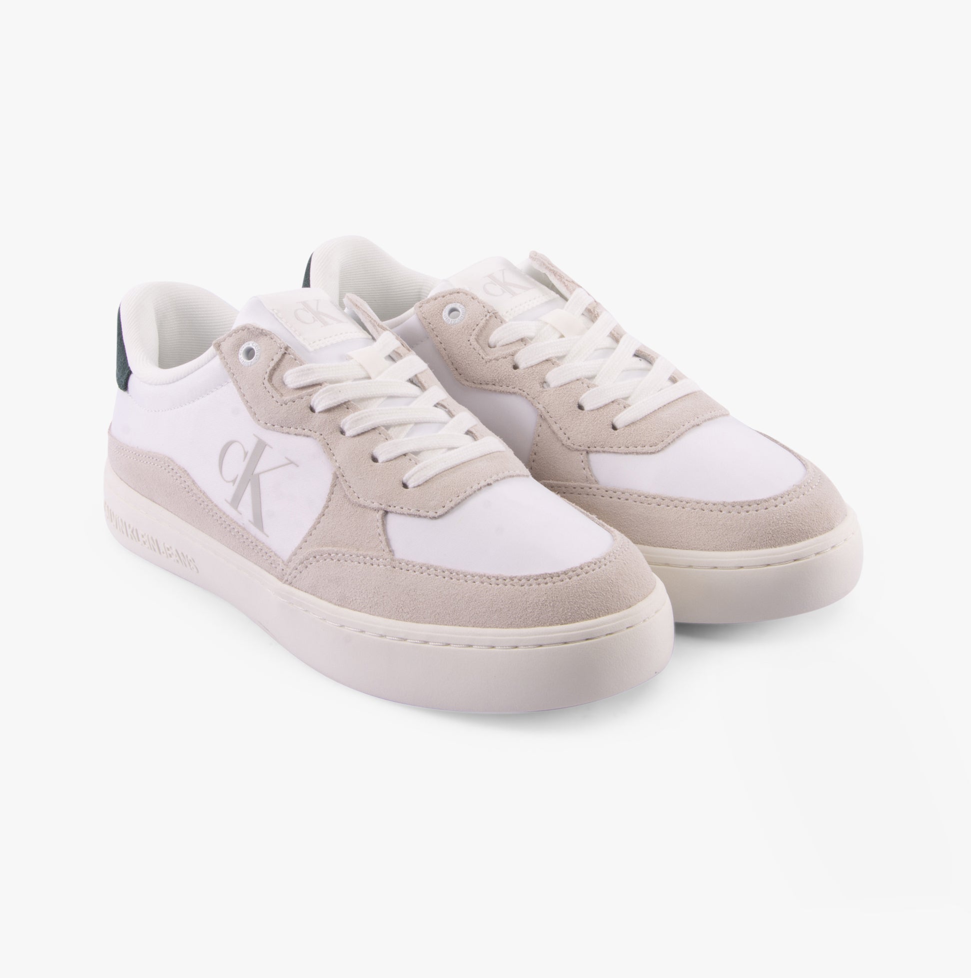 Calvin Klein CLASSIC CUPSOLE ICON Mens Trainers Bright White/Green Palm side view featuring suede and textile materials.