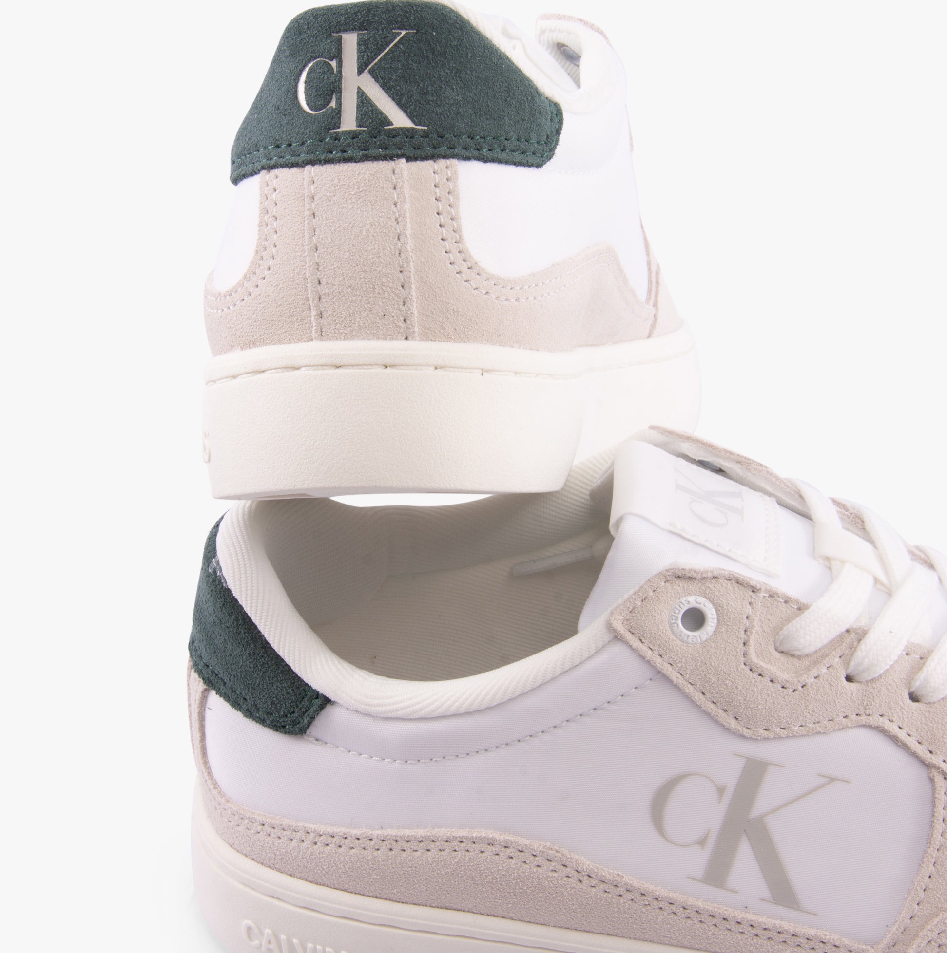Calvin Klein CLASSIC CUPSOLE ICON Mens Trainers Bright White/Green Palm rear and side view with suede and textile materials.