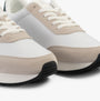 Calvin Klein RETRO RUNNER ICONIC Mens Trainers B White/ Ck Black/ Green Palm close-up view highlighting suede and mesh design.