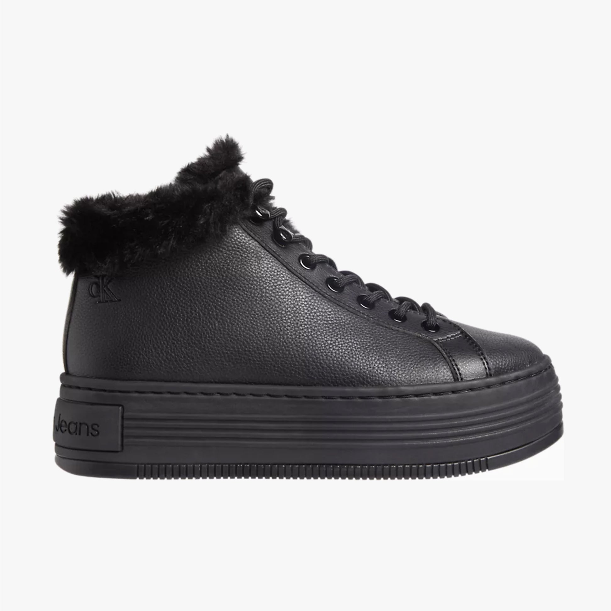 Calvin Klein BOLD PLATFORM LOW LACE UP Womens Trainers Triple Black side view with faux fur collar and platform sole.