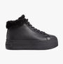 Calvin Klein BOLD PLATFORM LOW LACE UP Womens Trainers Triple Black side view with faux fur collar and platform sole.