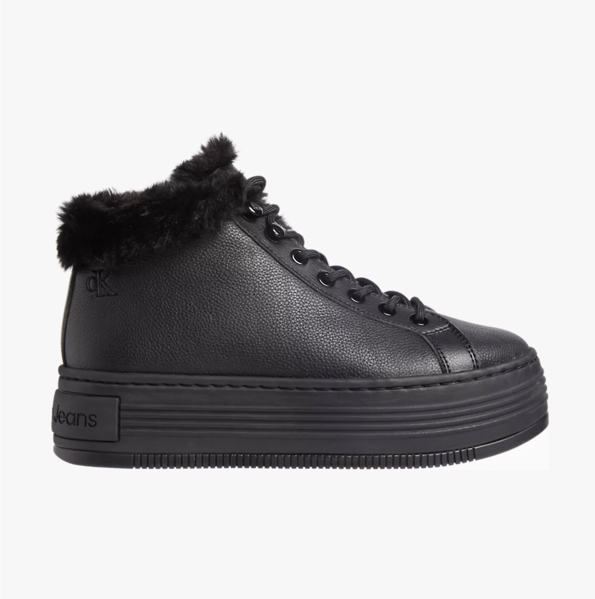 Calvin Klein BOLD PLATFORM LOW LACE UP Womens Trainers Triple Black side view with faux fur collar and platform sole.