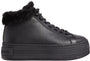 Calvin Klein BOLD PLATFORM LOW LACE UP Womens Trainers Triple Black side view with faux fur collar and rubber sole.
