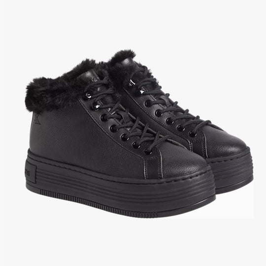 Calvin Klein BOLD PLATFORM LOW LACE UP Womens Trainers Triple Black side view with fur lining and platform sole.