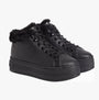 Calvin Klein BOLD PLATFORM LOW LACE UP Womens Trainers Triple Black side view with fur lining and platform sole.