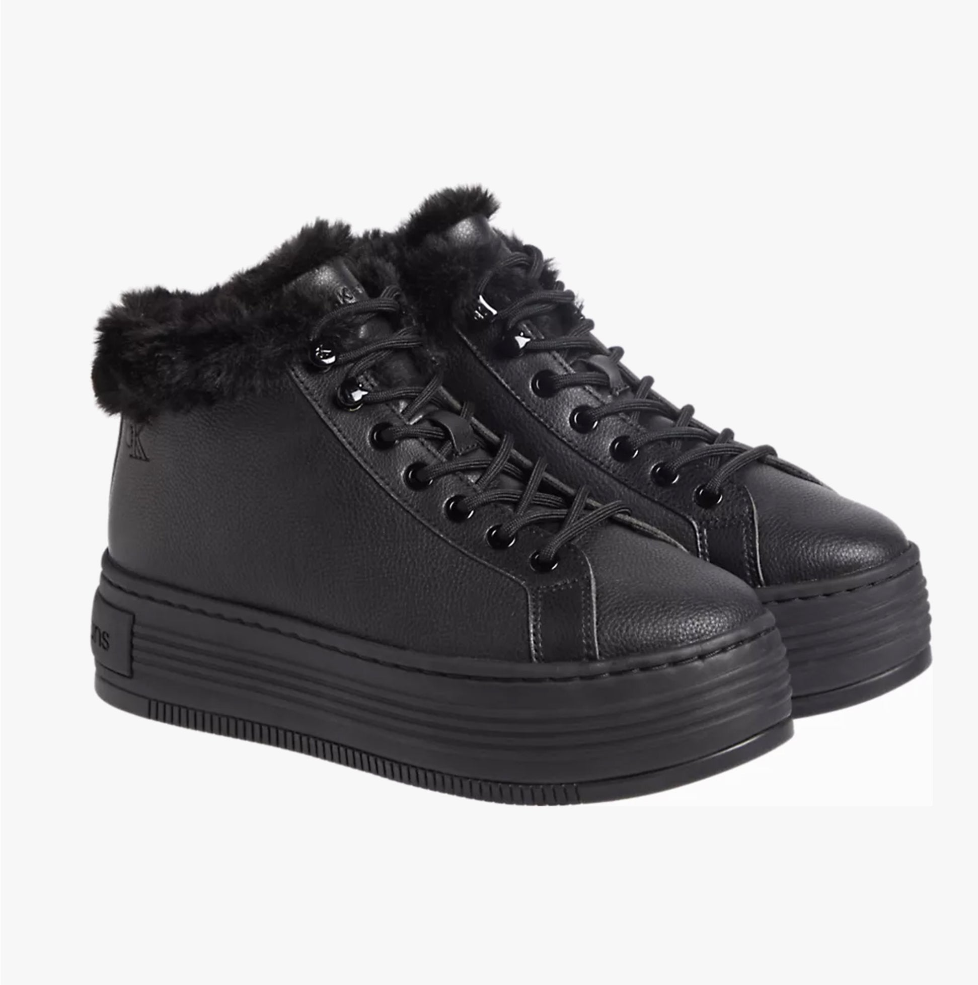 Calvin Klein BOLD PLATFORM LOW LACE UP Womens Trainers Triple Black side view with fur lining and platform sole.