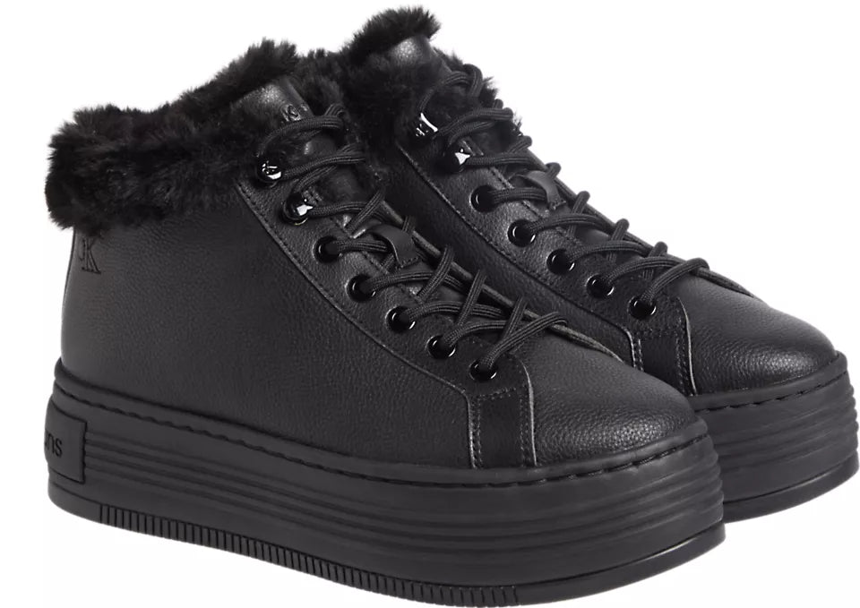 Calvin Klein BOLD PLATFORM LOW LACE UP Womens Trainers Triple Black side view featuring a platform sole and faux fur collar.