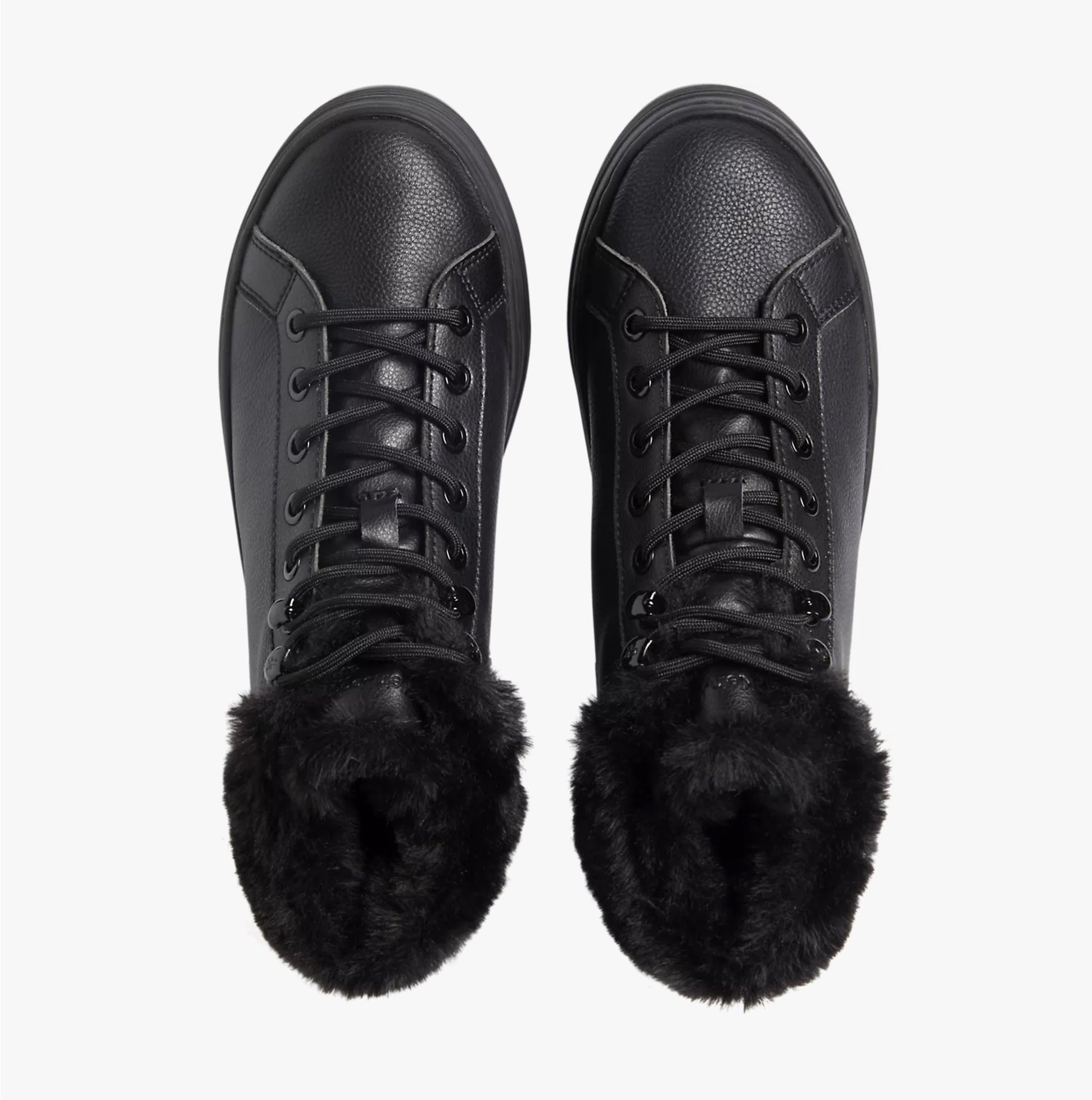 Calvin Klein BOLD PLATFORM LOW LACE UP Womens Trainers Triple Black top view featuring lace-up design and fur lining.