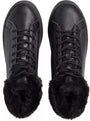 Calvin Klein BOLD PLATFORM LOW LACE UP Womens Trainers Triple Black top view showing lace-up design and faux fur collar.