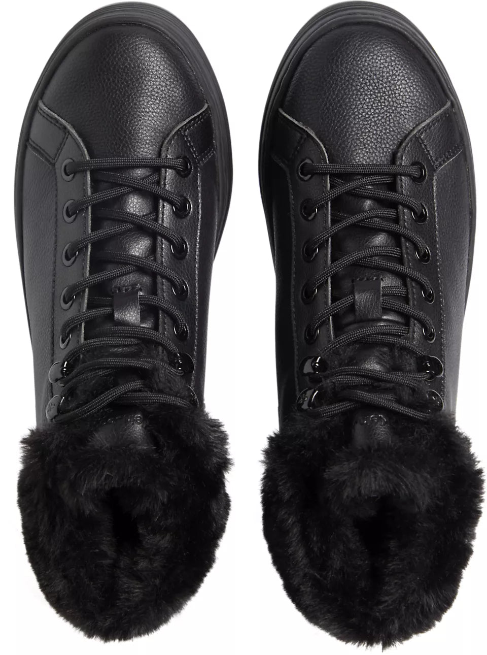 Calvin Klein BOLD PLATFORM LOW LACE UP Womens Trainers Triple Black top view showing lace-up design and faux fur collar.