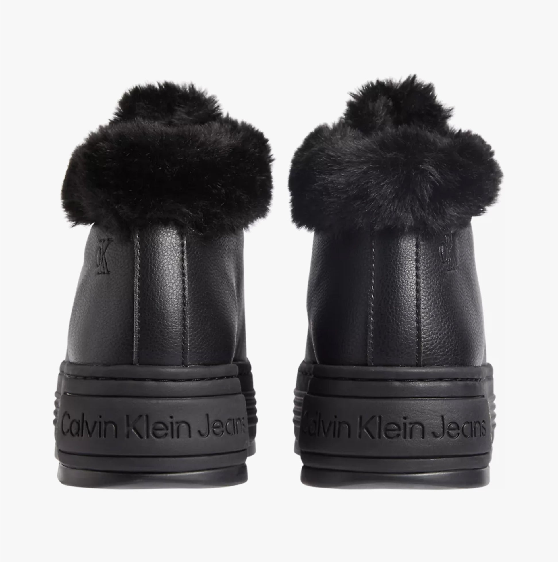 Calvin Klein BOLD PLATFORM LOW LACE UP Womens Trainers Triple Black rear view featuring fur lining and textured sole.