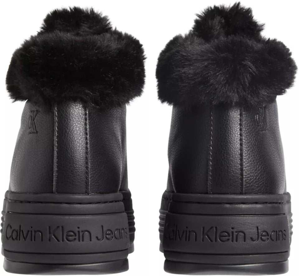 Calvin Klein BOLD PLATFORM LOW LACE UP Womens Trainers Triple Black rear view showcasing plush fur trim and sleek leather design.
