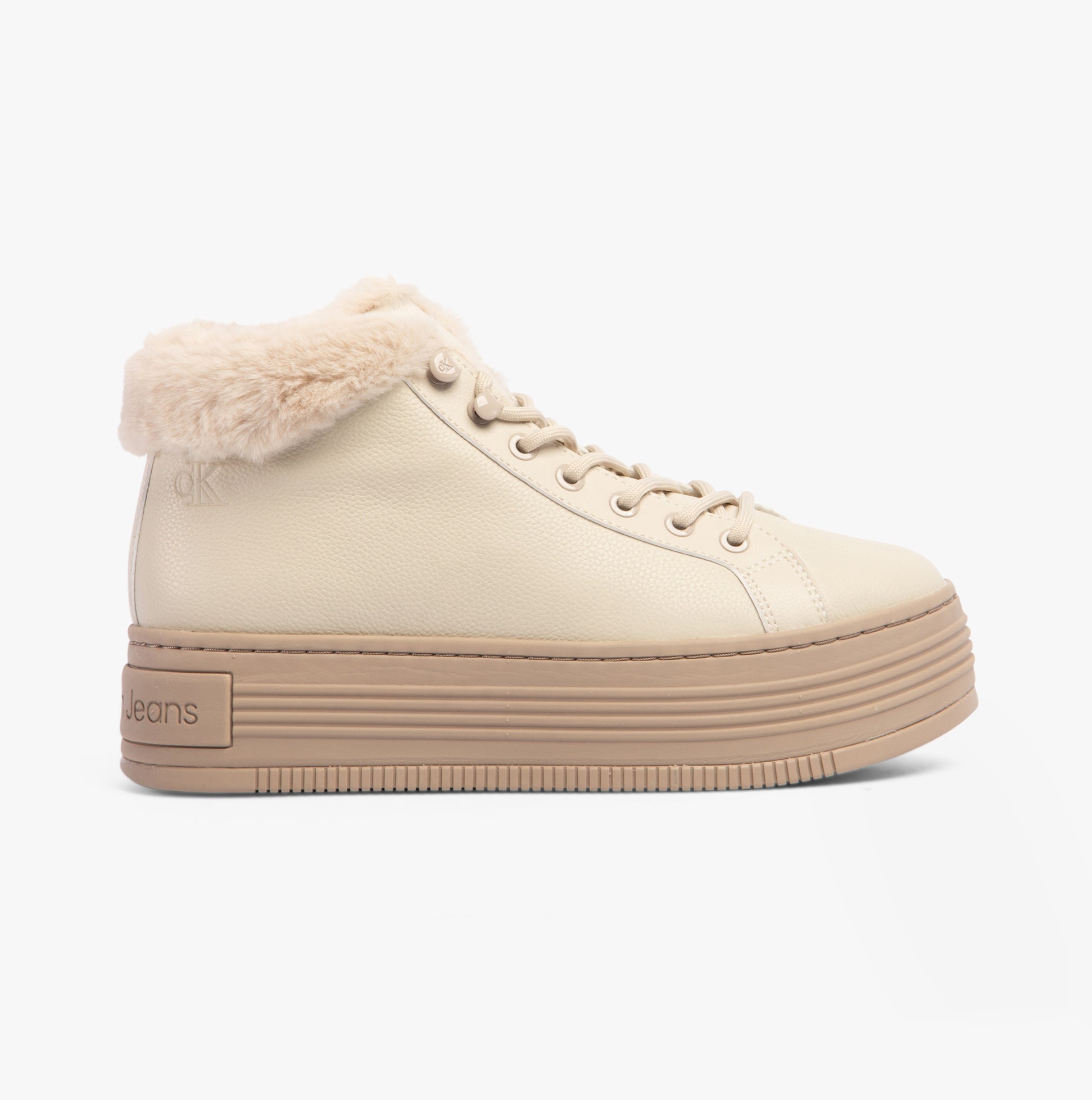 Calvin Klein BOLD PLATFORM LOW LACE UP Womens Trainers Eggshell/Savannah Tan side view with fur collar and platform sole.