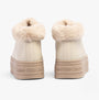 Calvin Klein BOLD PLATFORM LOW LACE UP Womens Trainers Eggshell/Savannah Tan rear view with faux fur collar and platform sole.