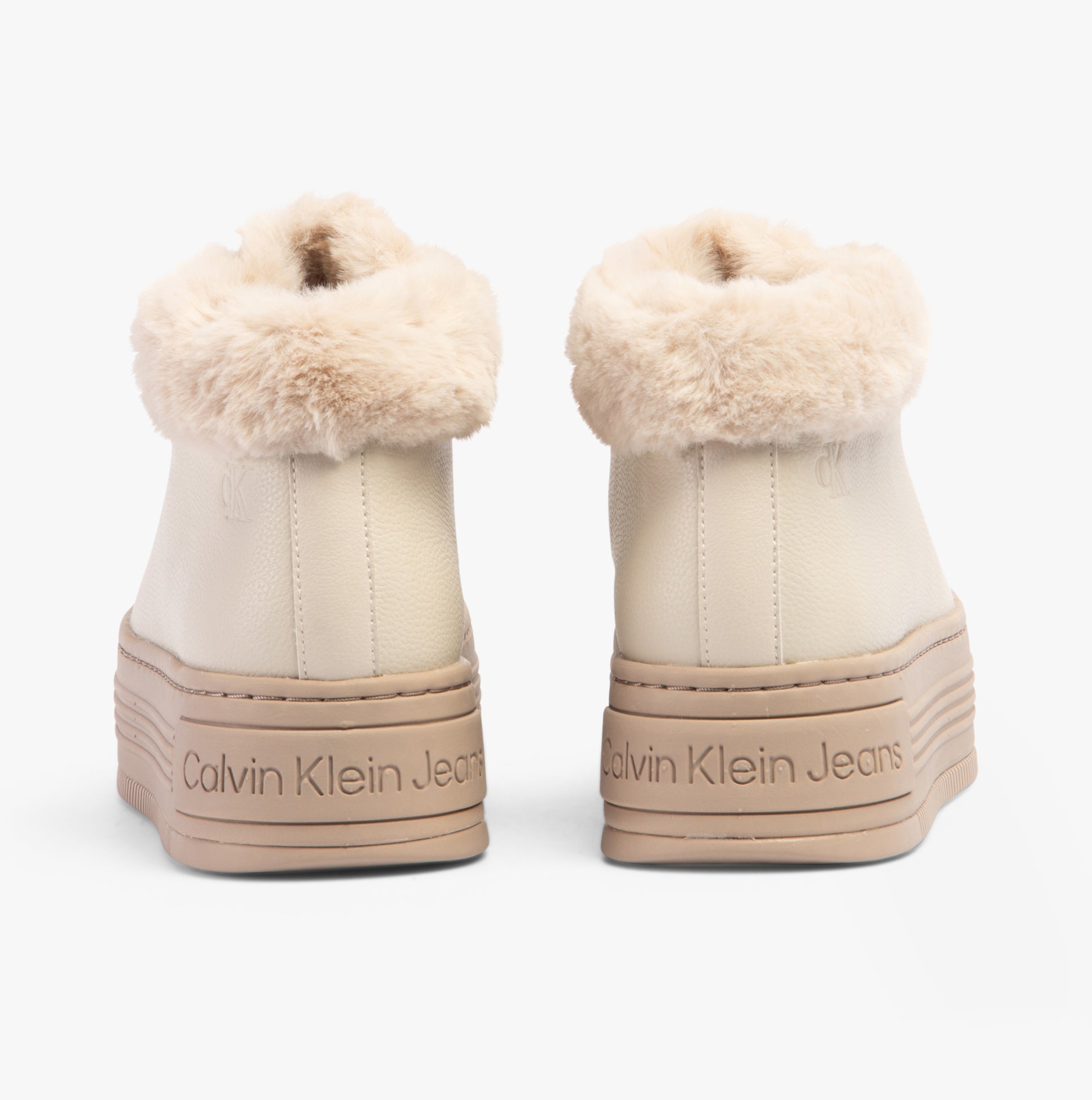 Calvin Klein BOLD PLATFORM LOW LACE UP Womens Trainers Eggshell/Savannah Tan rear view with faux fur collar and platform sole.