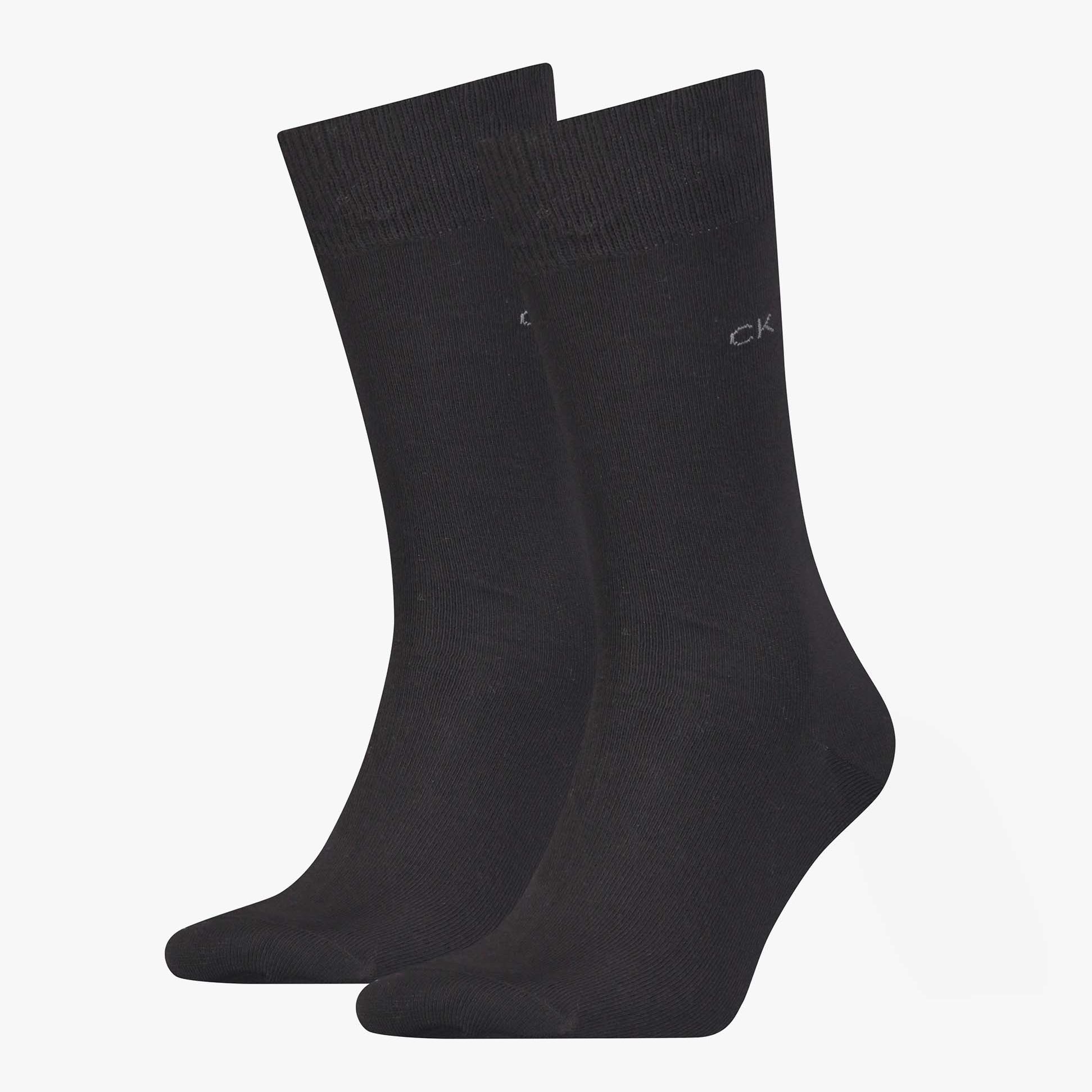 Calvin Klein 2 Pack Mens Crew Classic Socks Black front view showing two pairs of socks with logo, made from cotton and polyamide.