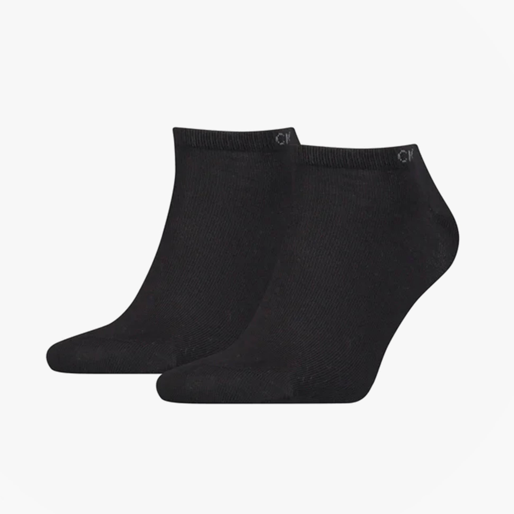 Calvin Klein 2 Pack Mens Ankle Trainer Socks Black side view of two pairs on a white background.