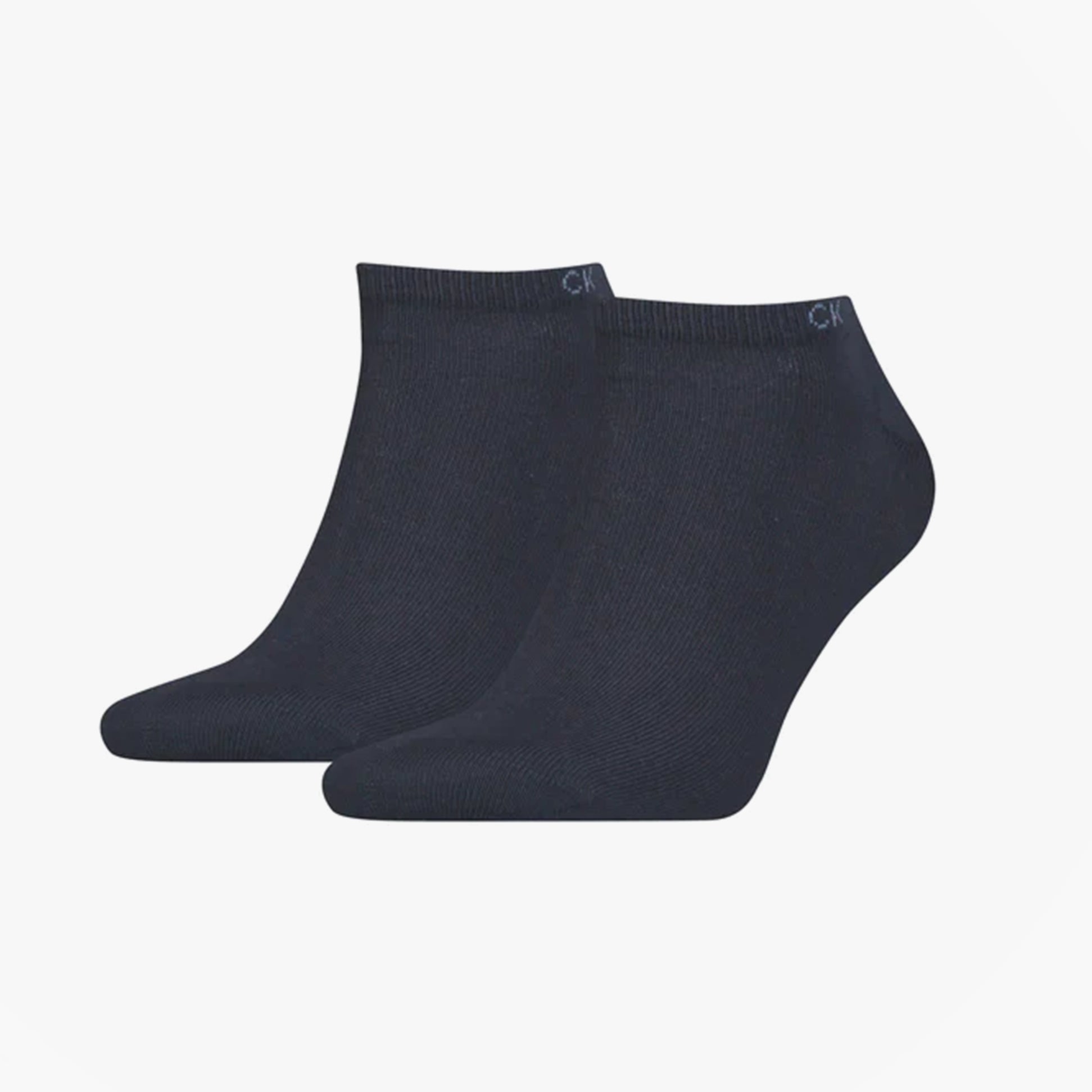 Calvin Klein 2 Pack Mens Ankle Trainer Socks Navy side view showing two pairs of ankle socks in navy color.