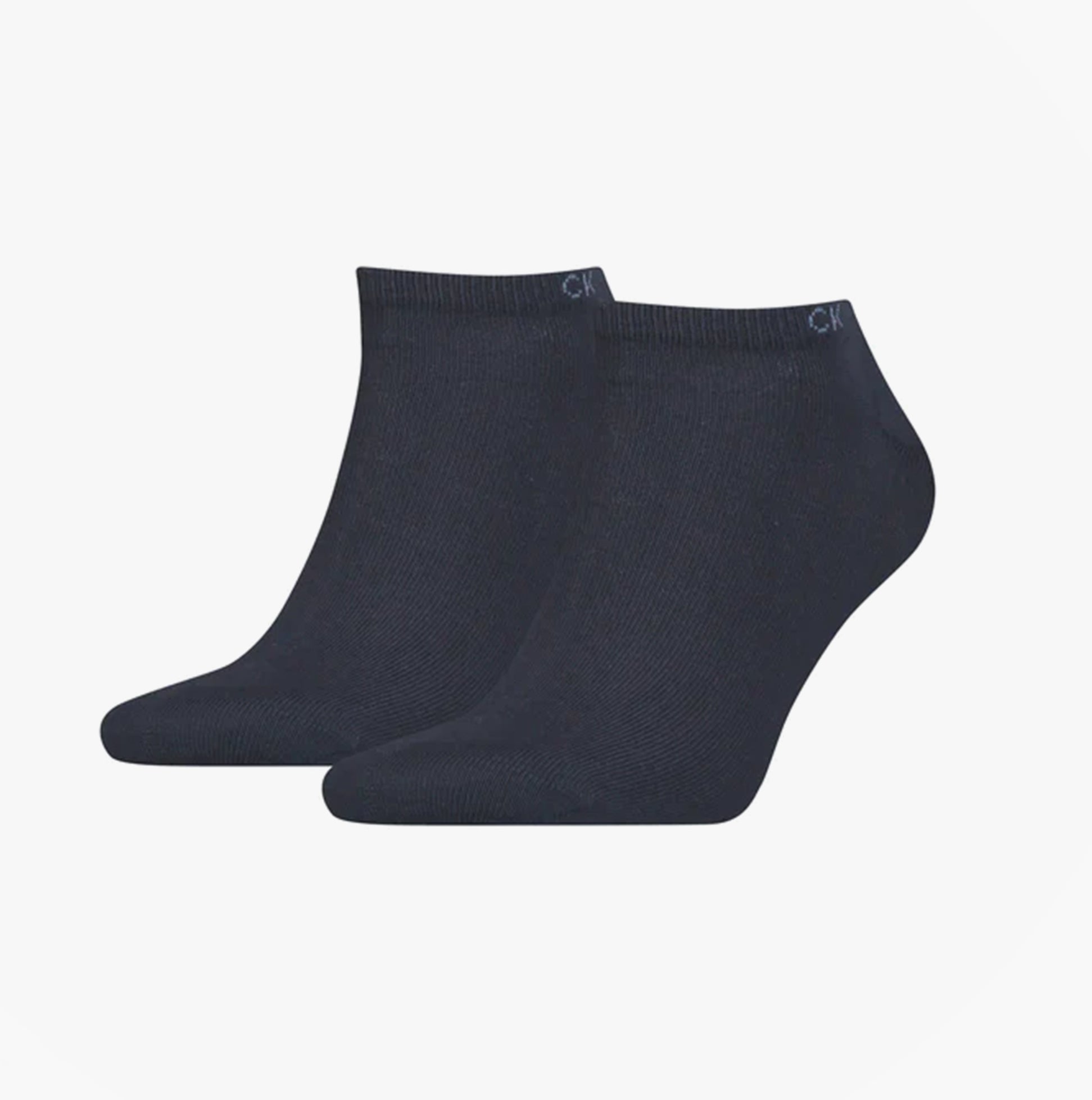 Calvin Klein 2 Pack Mens Ankle Trainer Socks Navy side view showing two pairs of ankle socks in navy color.