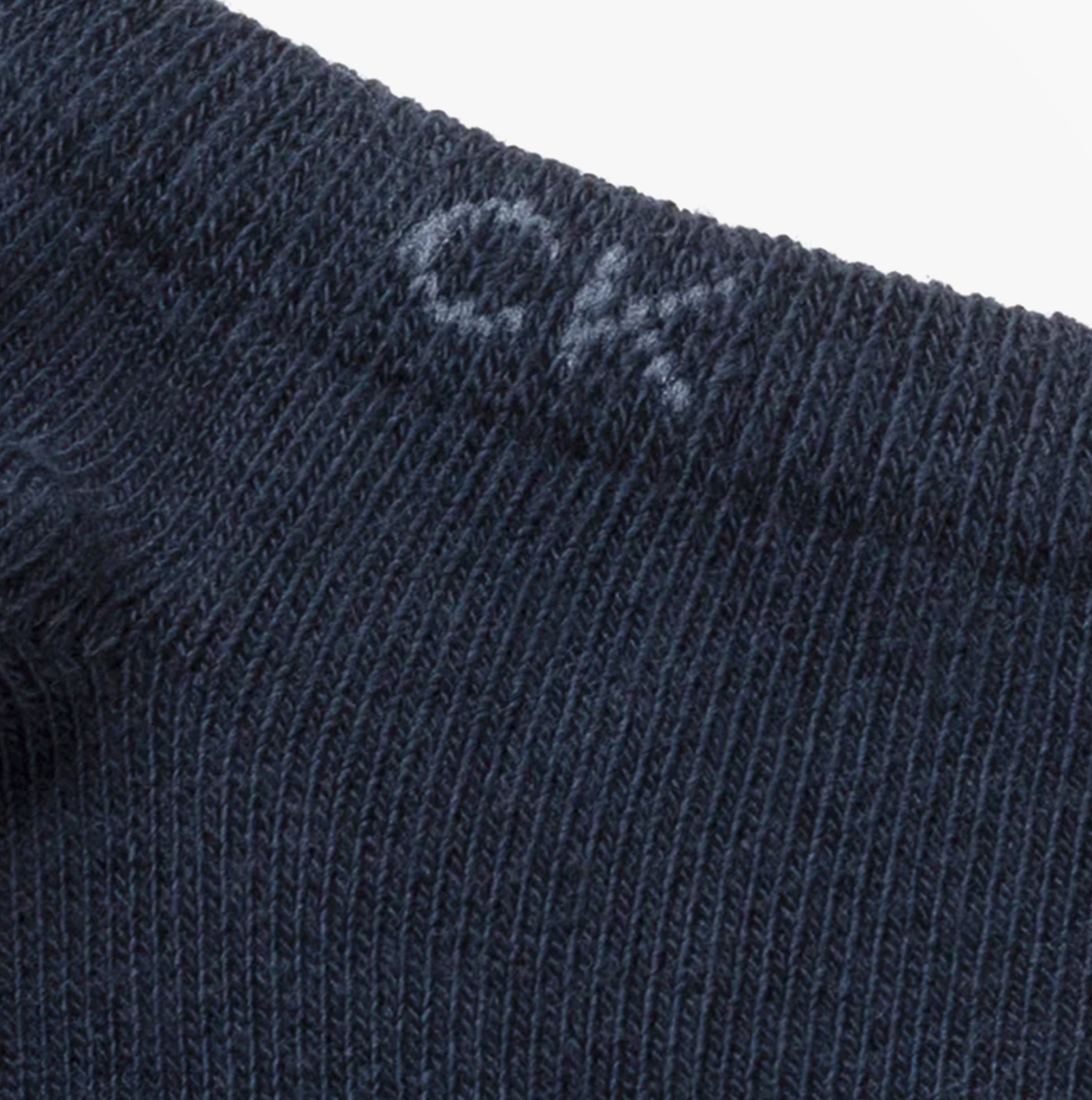 Calvin Klein 2 Pack Mens Ankle Trainer Socks Navy close-up detail view showing CK logo on sock.