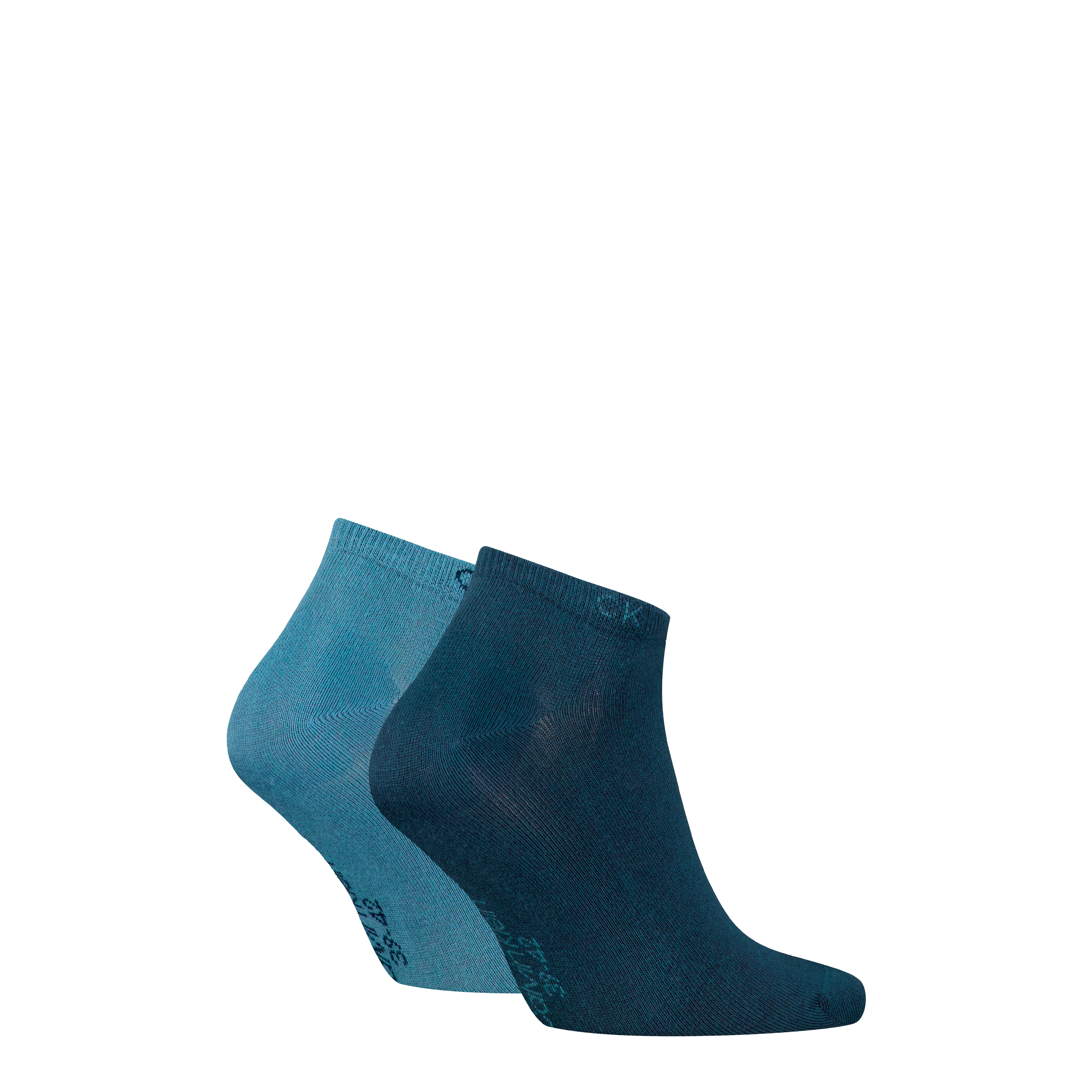 Calvin Klein 2 Pack Mens Ankle Trainer Socks Blue side view showing two pairs, one light blue and one dark blue.
