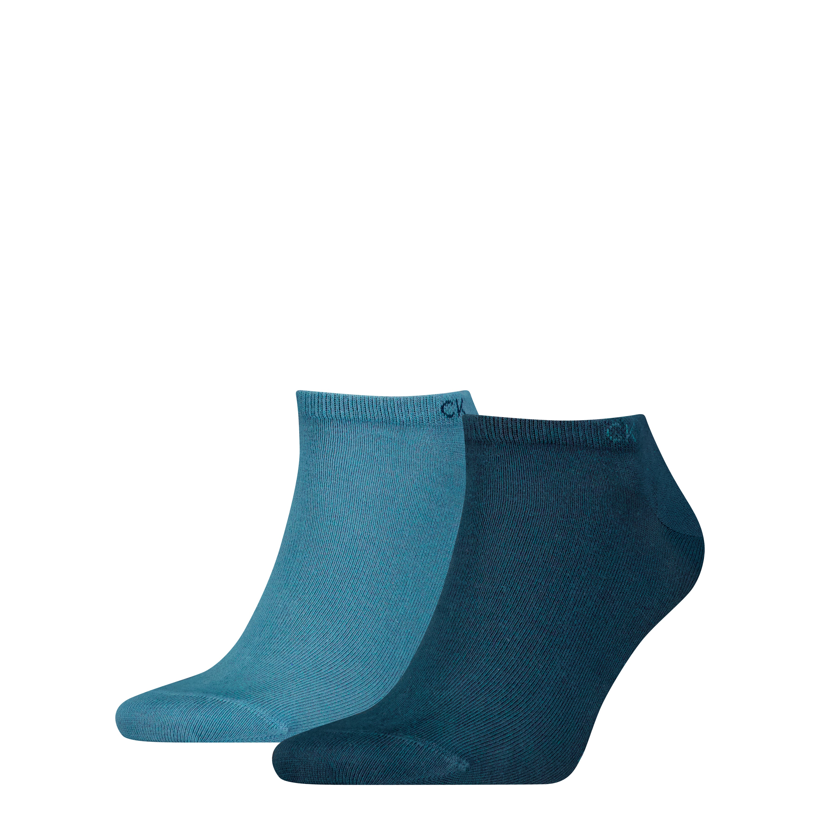 Calvin Klein 2 Pack Mens Ankle Trainer Socks Blue side view showing two pairs in light and dark blue colors.