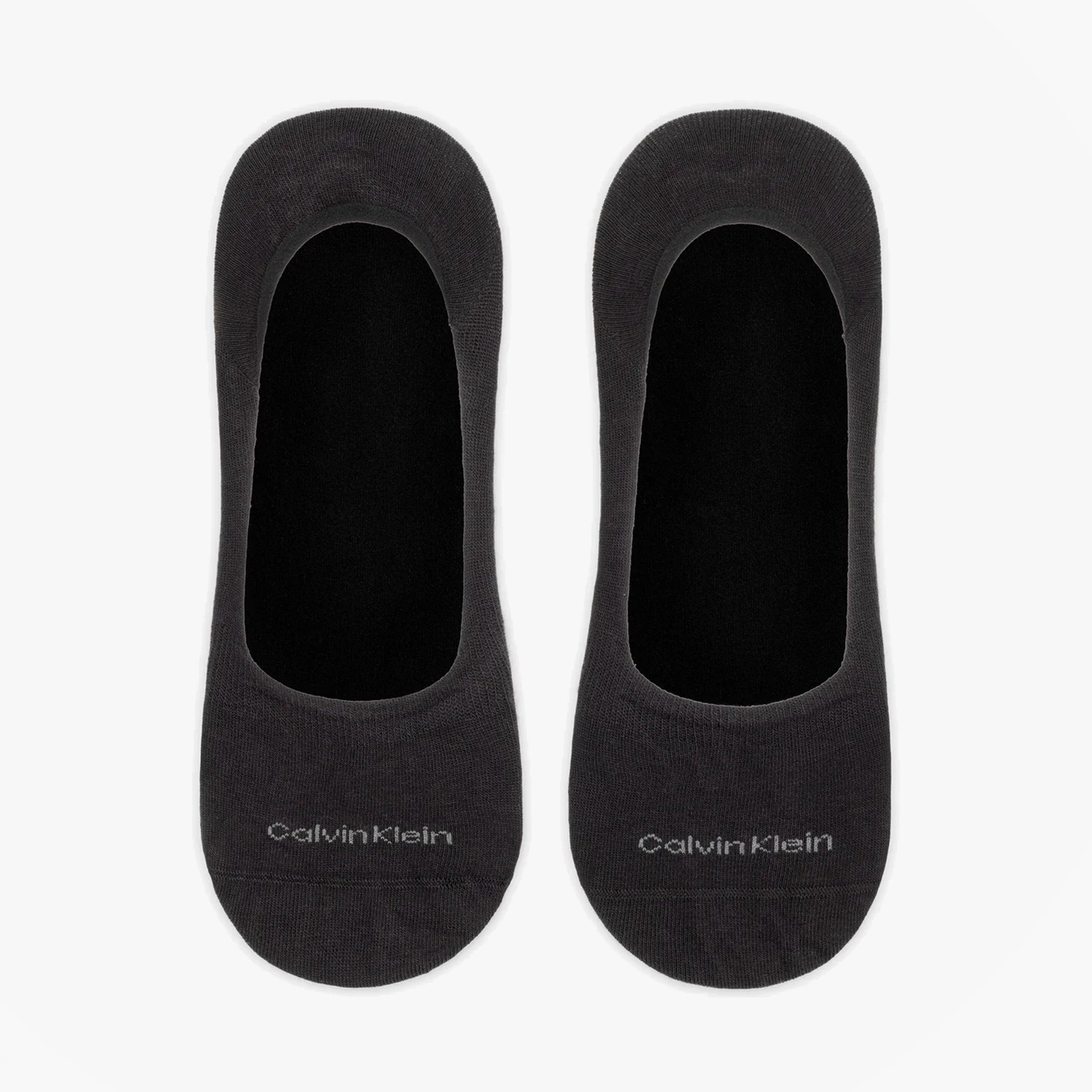 Calvin Klein 2 Pack Mens Invisible Socks Black top view showcasing soft fabric and logo detail.