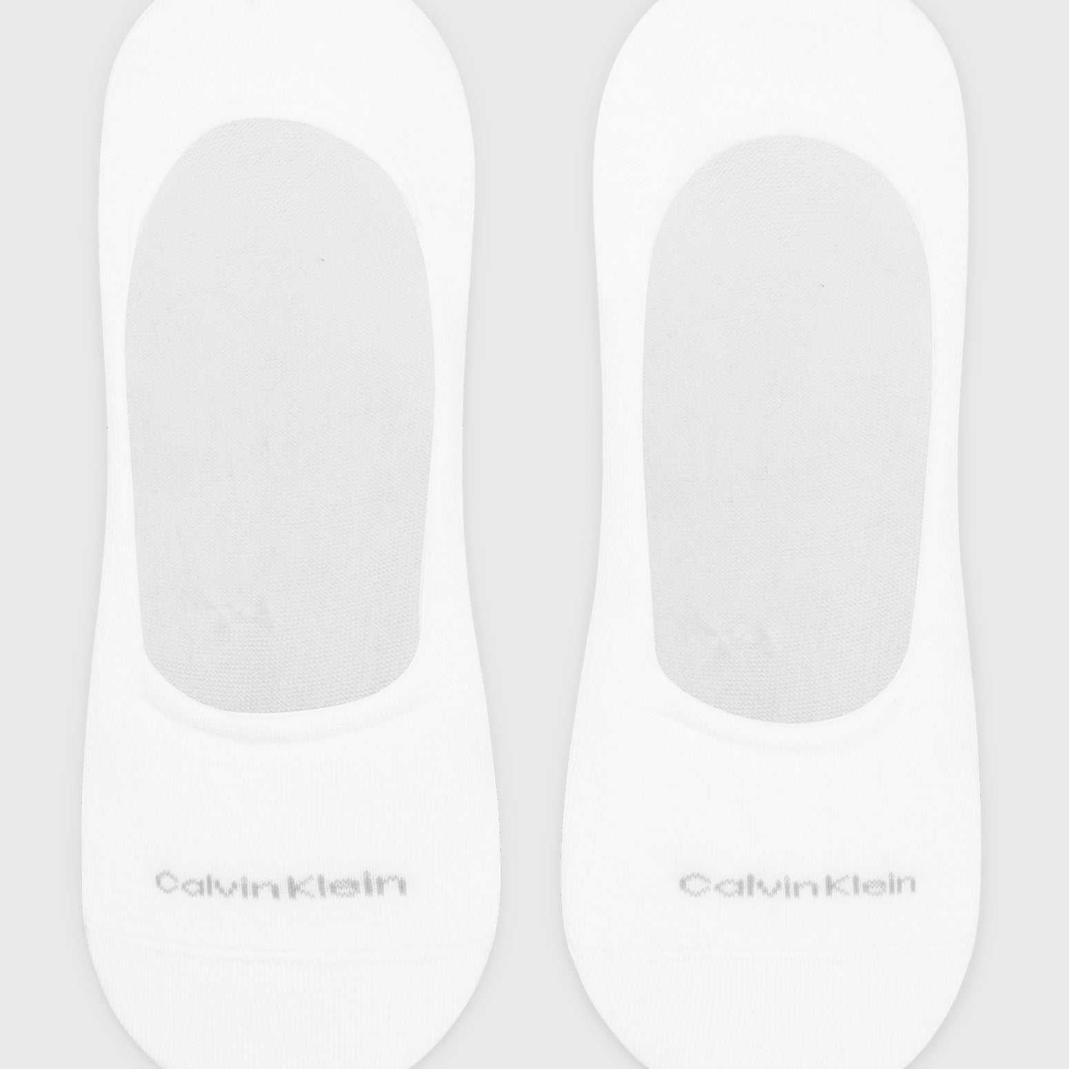 Calvin Klein 2 Pack Mens Invisible Socks White top view showcasing the soft cotton blend and logo detail.