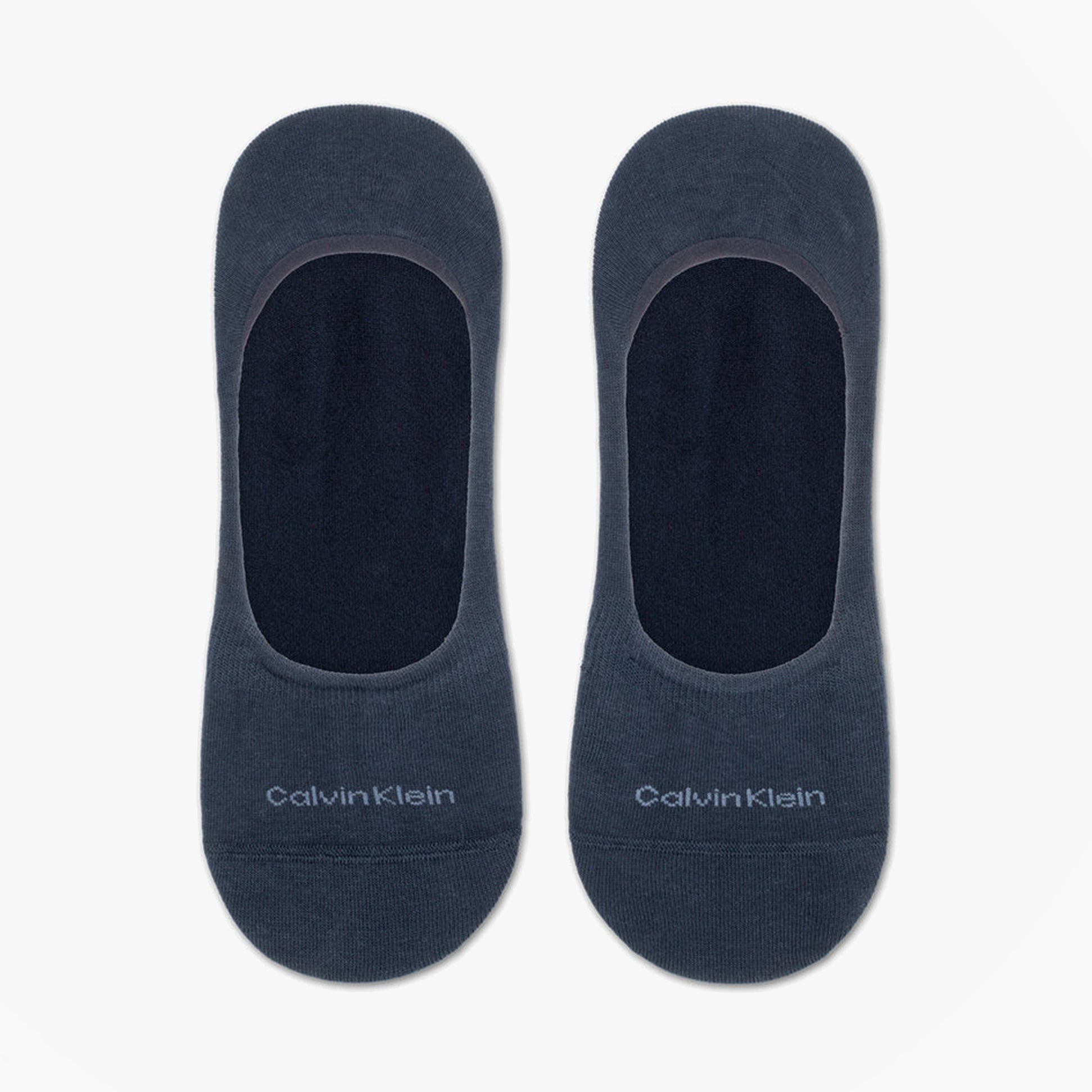 Calvin Klein 2 Pack Mens Invisible Socks Navy top view showing soft cotton blend material and logo.