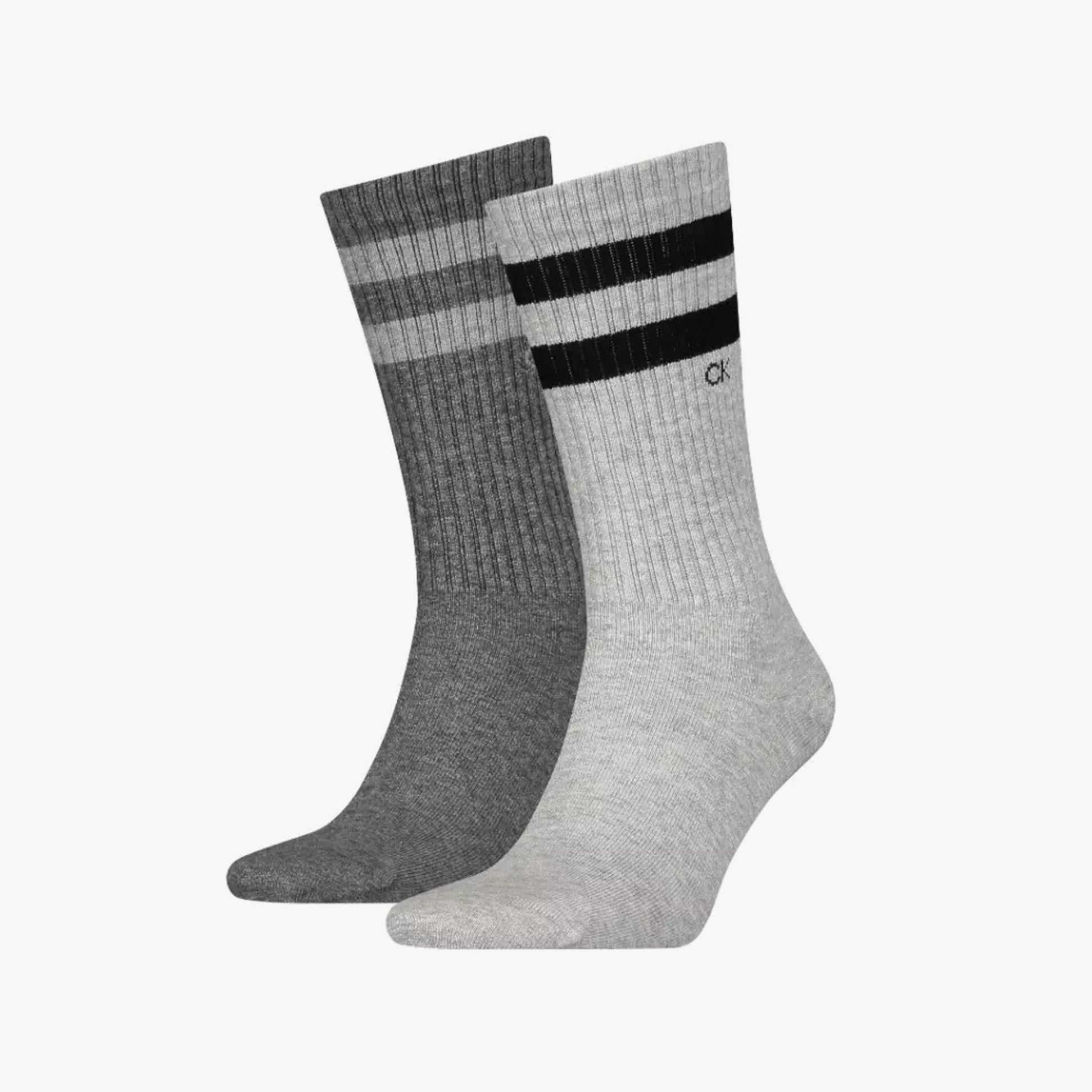 Calvin Klein 2 Pack Mens Crew Trainer Socks Grey side view showing two pairs of socks in grey and light grey with stripes.