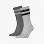 Calvin Klein 2 Pack Mens Crew Trainer Socks Grey side view showing two pairs of socks in grey and light grey with stripes.