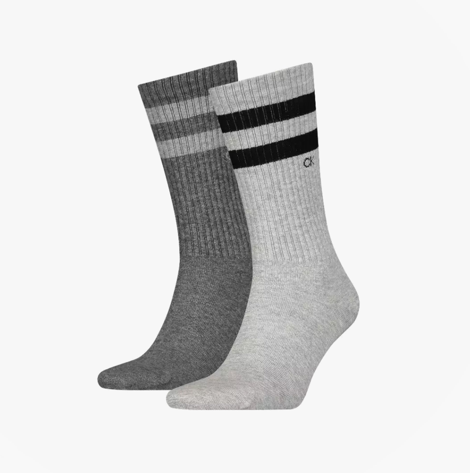 Calvin Klein 2 Pack Mens Crew Trainer Socks Grey side view showing two pairs of socks in grey and light grey with stripes.