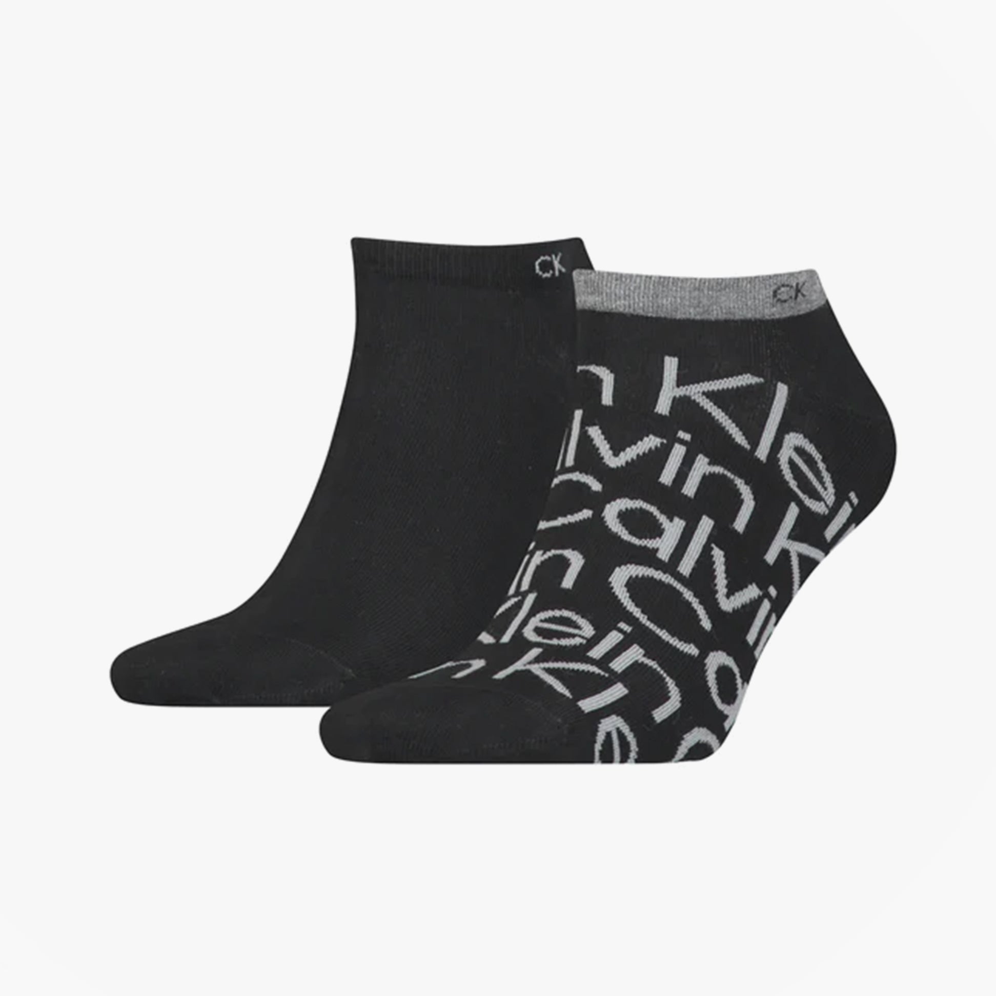 Calvin Klein 2 Pack Mens Ankle Signiture Socks Black front view showcasing one solid black and one patterned sock.