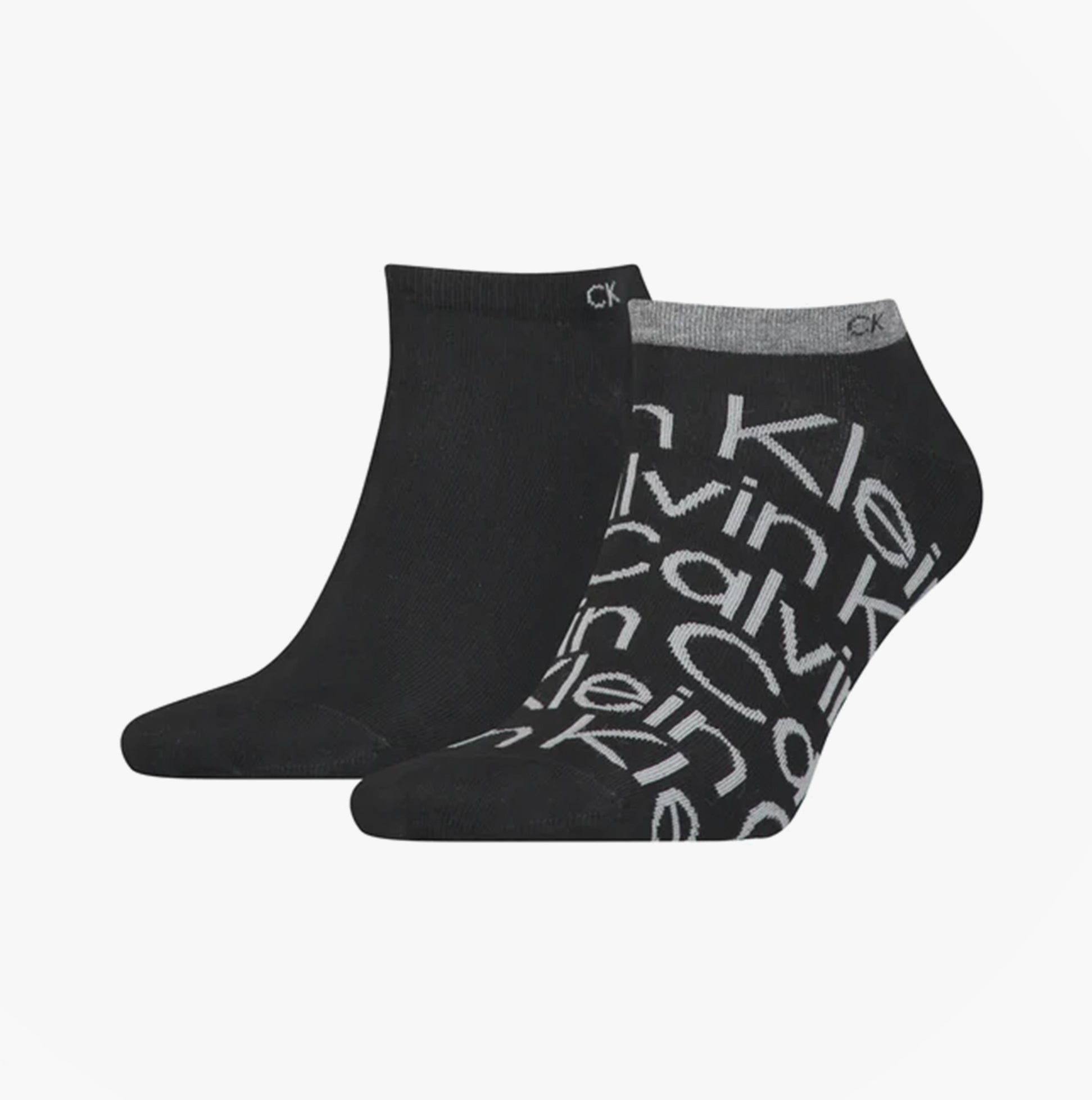 Calvin Klein 2 Pack Mens Ankle Signiture Socks Black front view showcasing one solid black and one patterned sock.