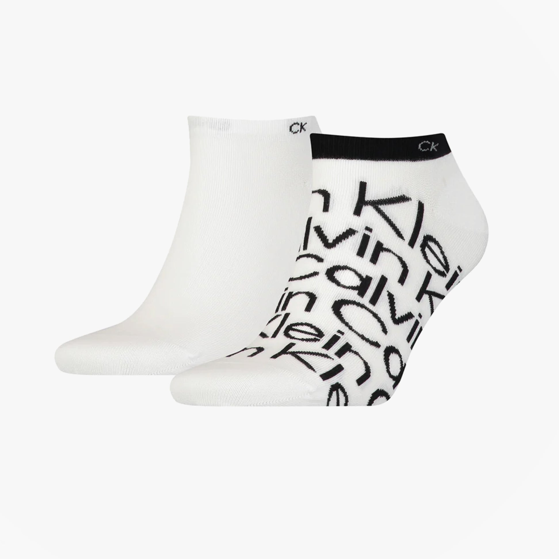 Calvin Klein 2 Pack Mens Ankle Signiture Socks White, side view showing solid and logo design socks.