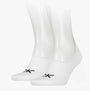 Calvin Klein 2 Pack Logo Mens Invisible Socks White displayed on mannequin feet, showcasing logo and sock design.