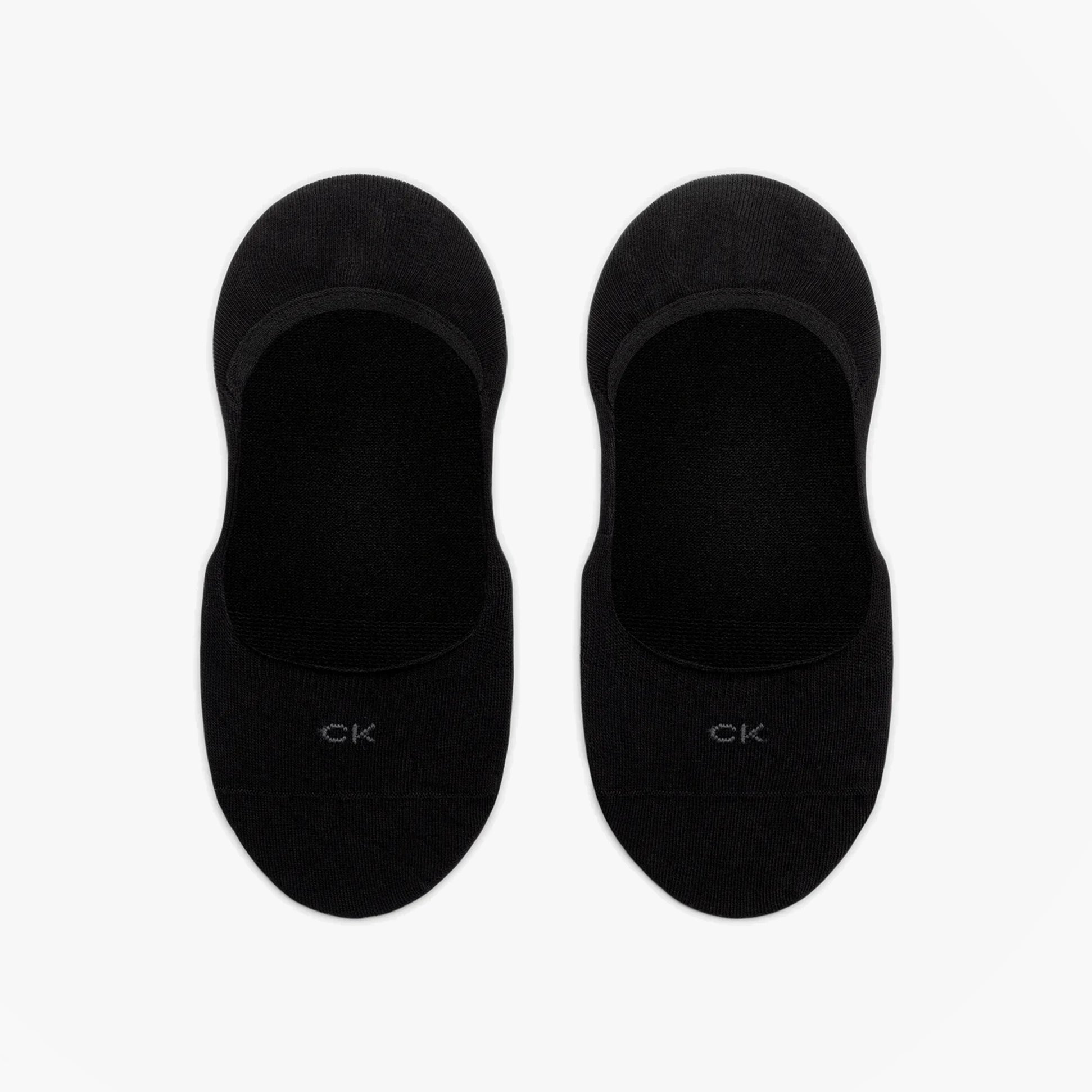 Calvin Klein 2 Pack Womens Invisible Socks Black top view showing two pairs of black invisible socks with CK logo.