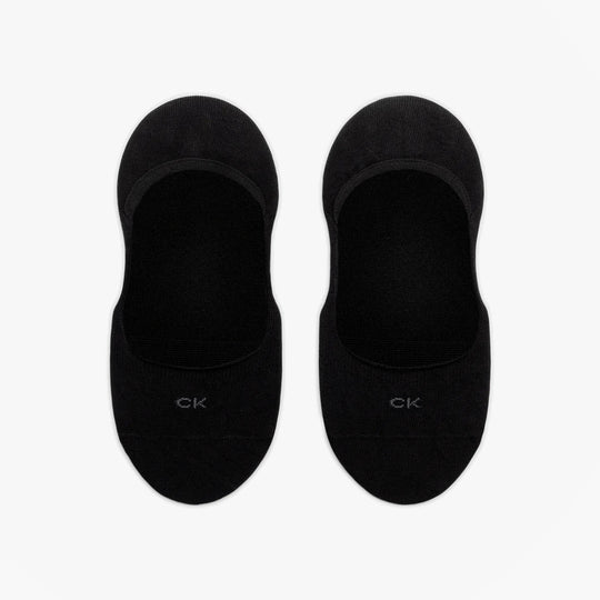 Calvin Klein 2 Pack Womens Invisible Socks Black top view showing two pairs of black invisible socks with CK logo.