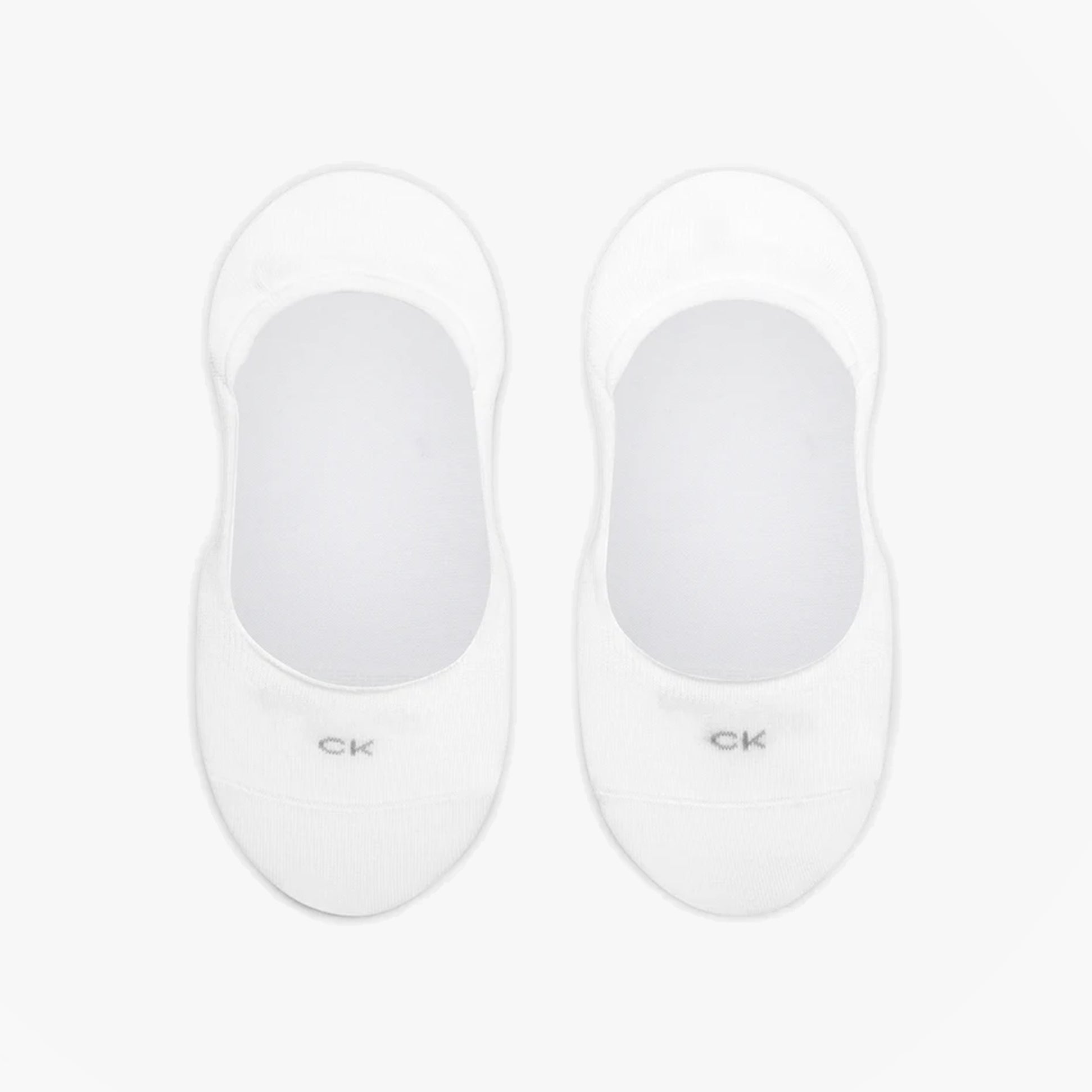 Calvin Klein 2 Pack Womens Invisible Socks White top view showing two pairs, featuring CK logo on the front.