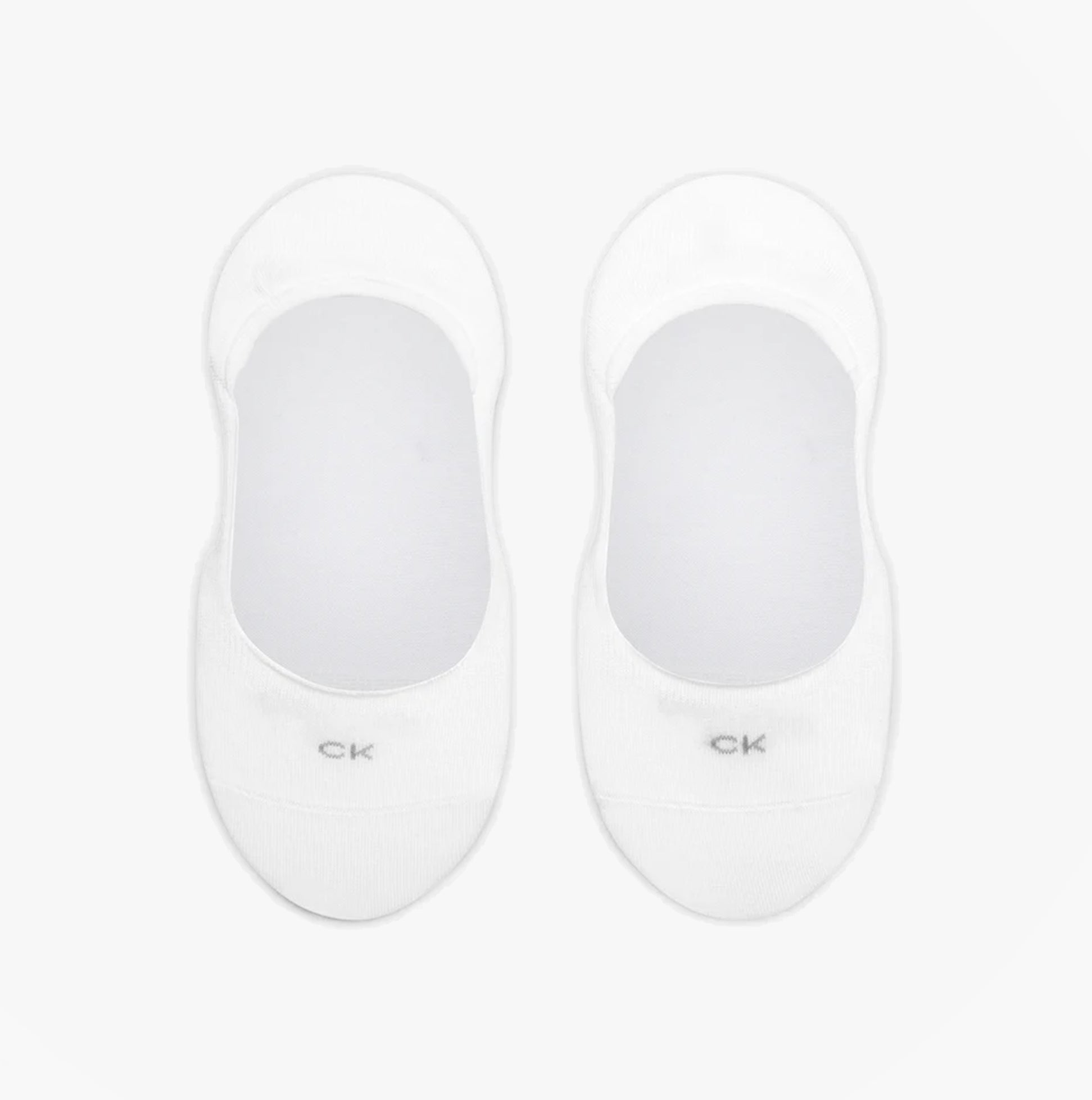 Calvin Klein 2 Pack Womens Invisible Socks White top view showing two pairs, featuring CK logo on the front.