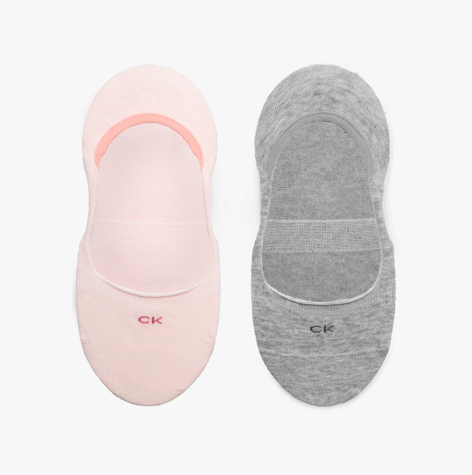 Calvin Klein 2 Pack Womens Invisible Socks Pink and grey top view showcasing material and design details.