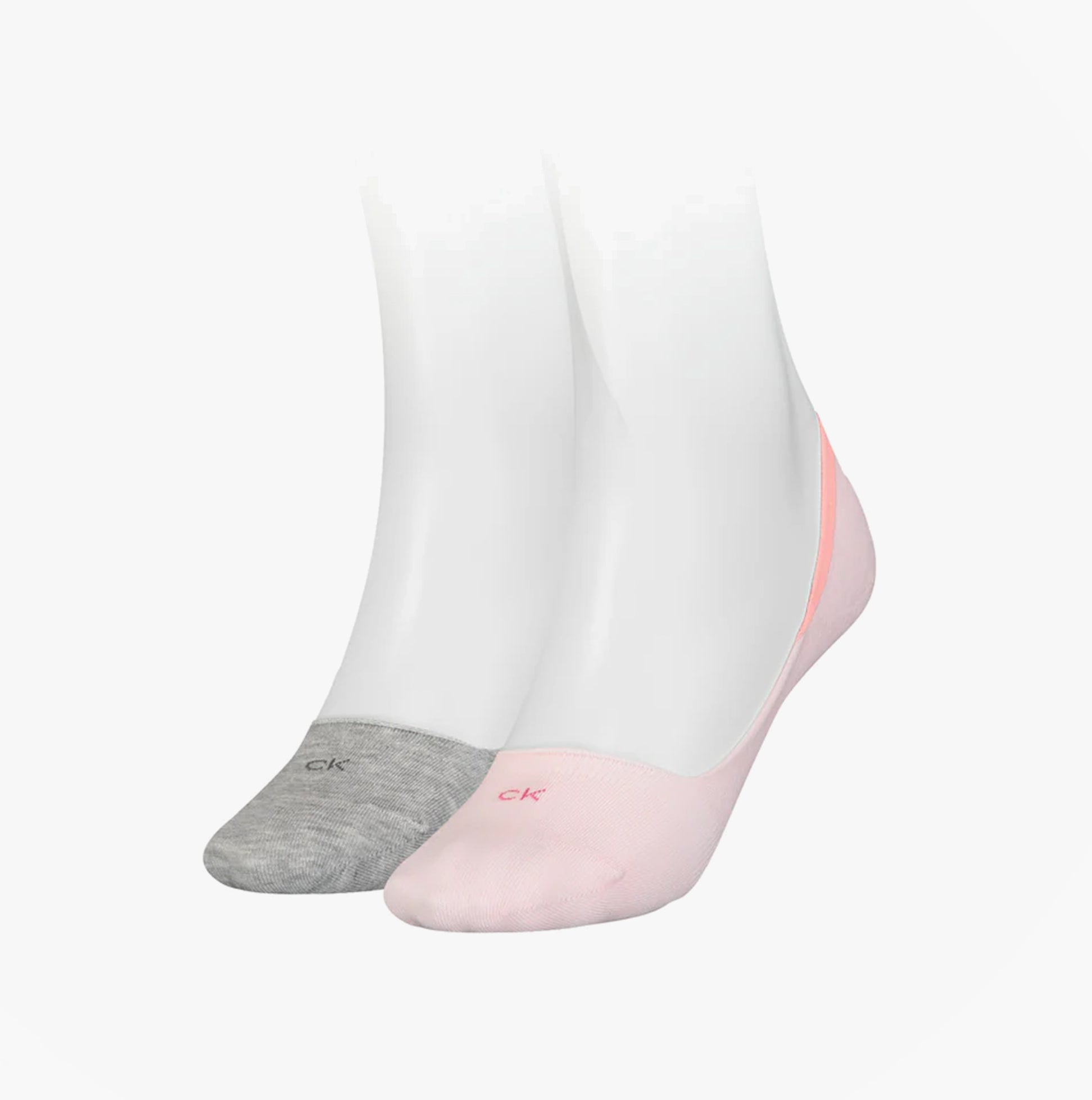 Calvin Klein 2 Pack Womens Invisible Socks Pink front view showing pink and gray socks on a white background.