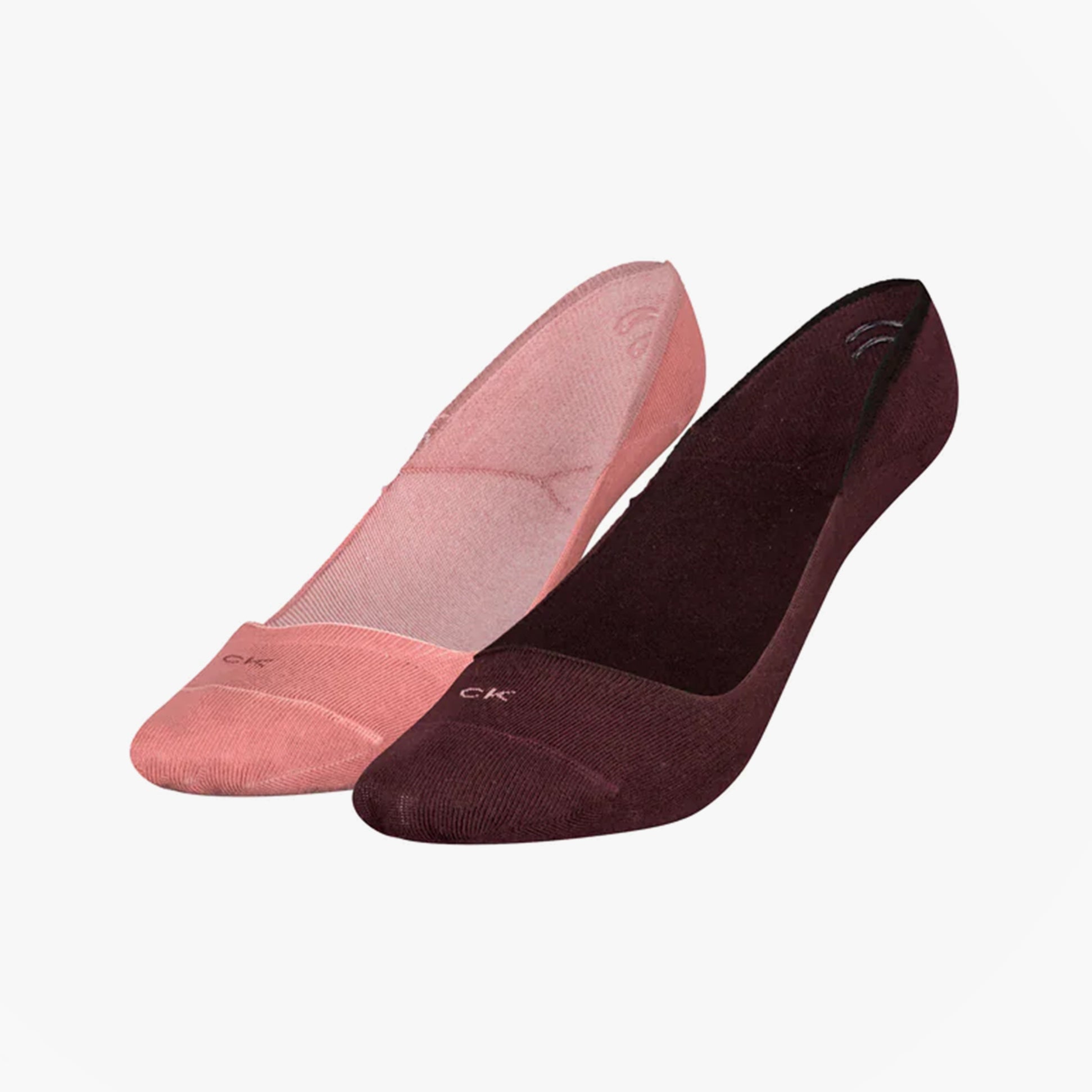Calvin Klein 2 Pack Womens Invisible Socks Pink Combo side view showing pink and burgundy colors with logo detail.